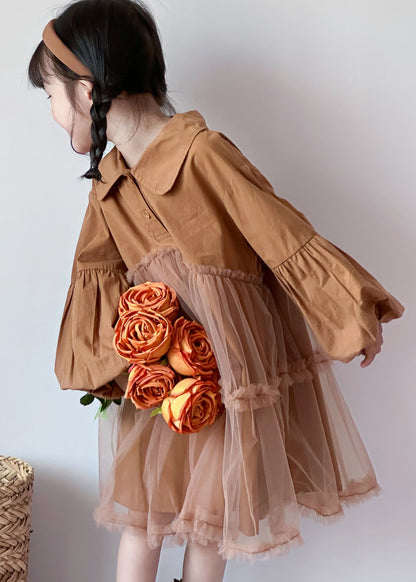 Boutique Caramel Peter Pan Collar Tulle Patchwork Cotton Baby Dress Fall