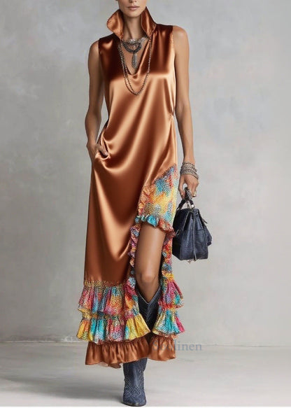 Boutique Caramel Ruffled Asymmetrical Design Silk Dress Sleeveless