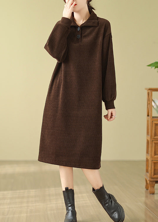 Boutique Coffee Hign Neck Button Corduroy Dress Fall