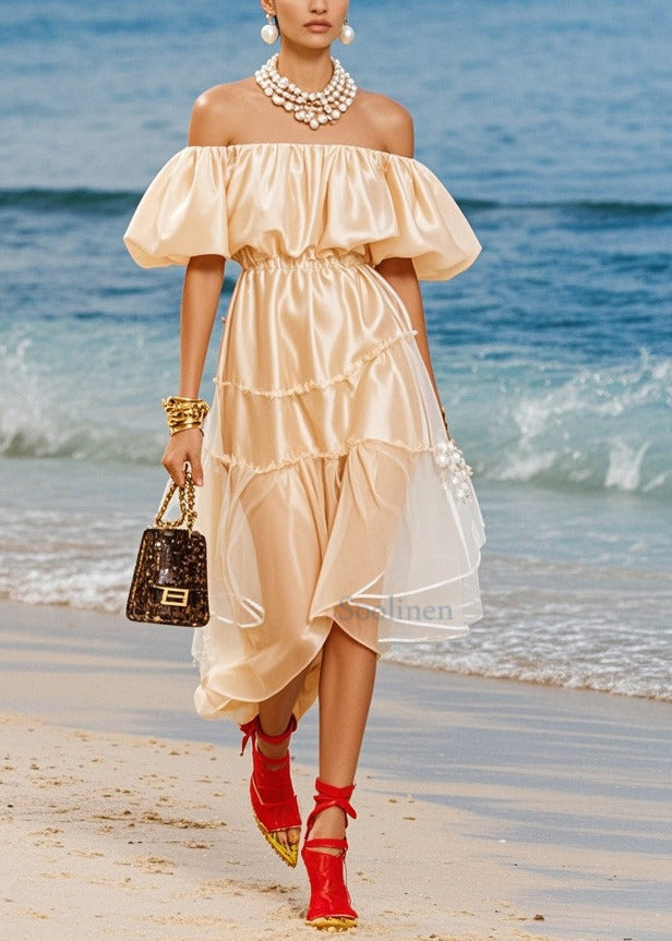 Boutique Champagne Cold Shoulder Silk Robe Dresses Puff Sleeve