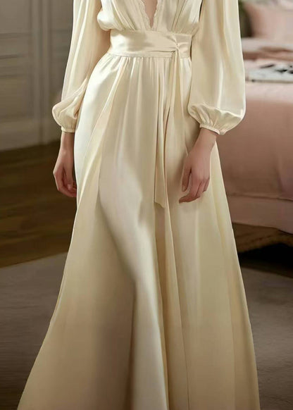 Boutique Champagne Deep-v Neck Draping Silk Long Dress Spring