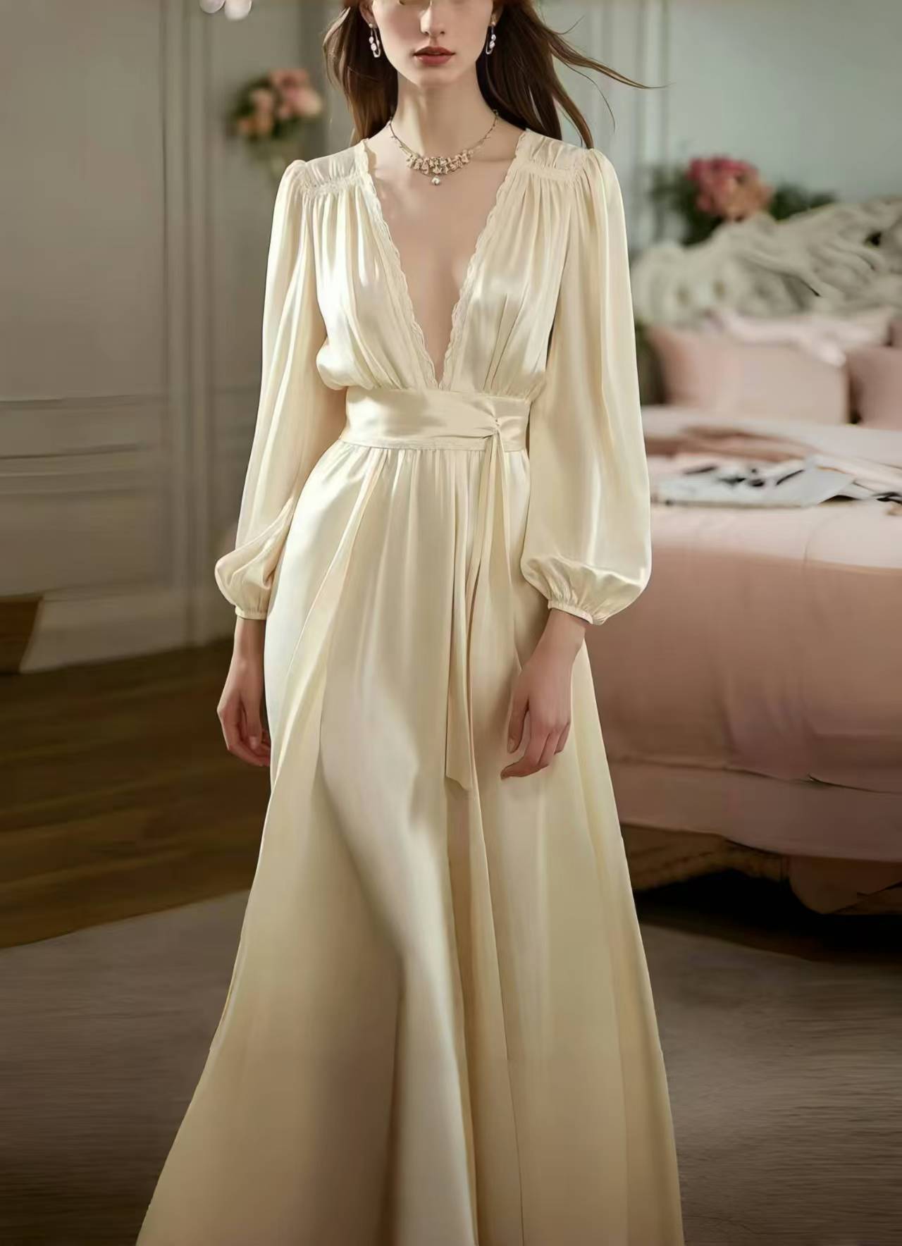 Boutique Champagne Deep-v Neck Draping Silk Long Dress Spring