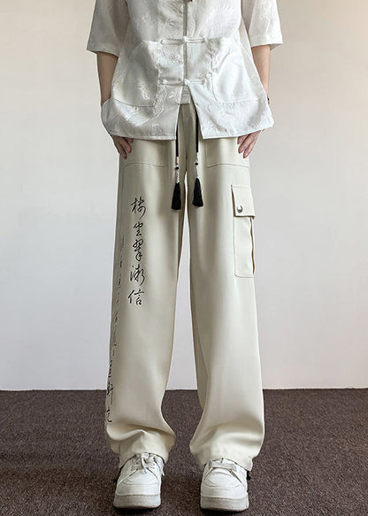 Boutique Chinese Style Beige Pockets Print Ice Silk Pants Summer