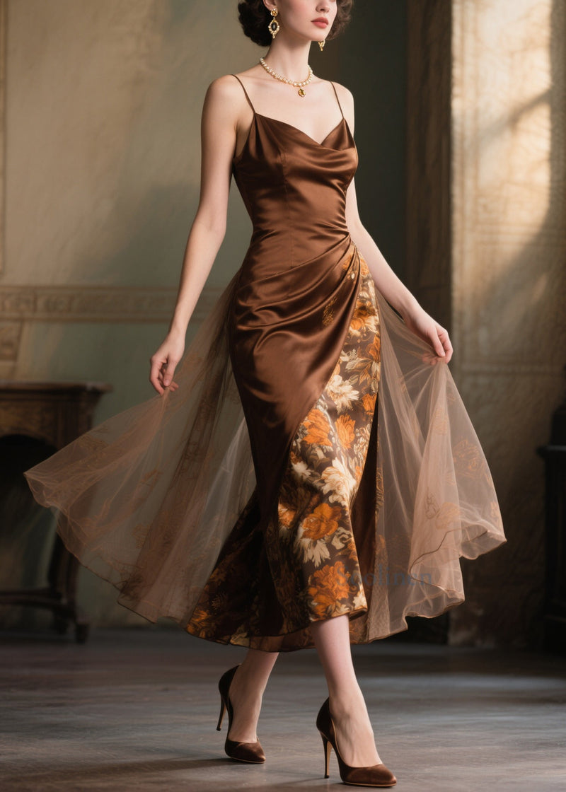 Boutique Chocolate Print Patchwork Tulle Cami Dress Summer