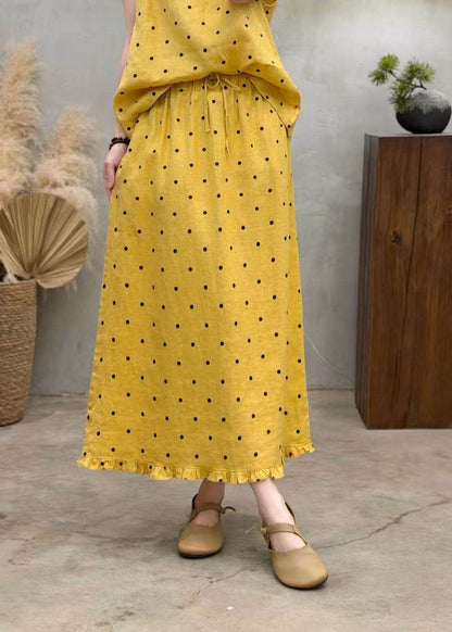 Boutique Coffee Dot Ruffled Pockets Patchwork Linen Skirts Summer