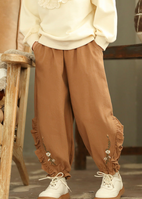 Boutique Coffee Embroideried Ruffled Patchwork Harem Pants