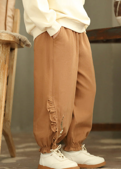 Boutique Coffee Embroideried Ruffled Patchwork Harem Pants