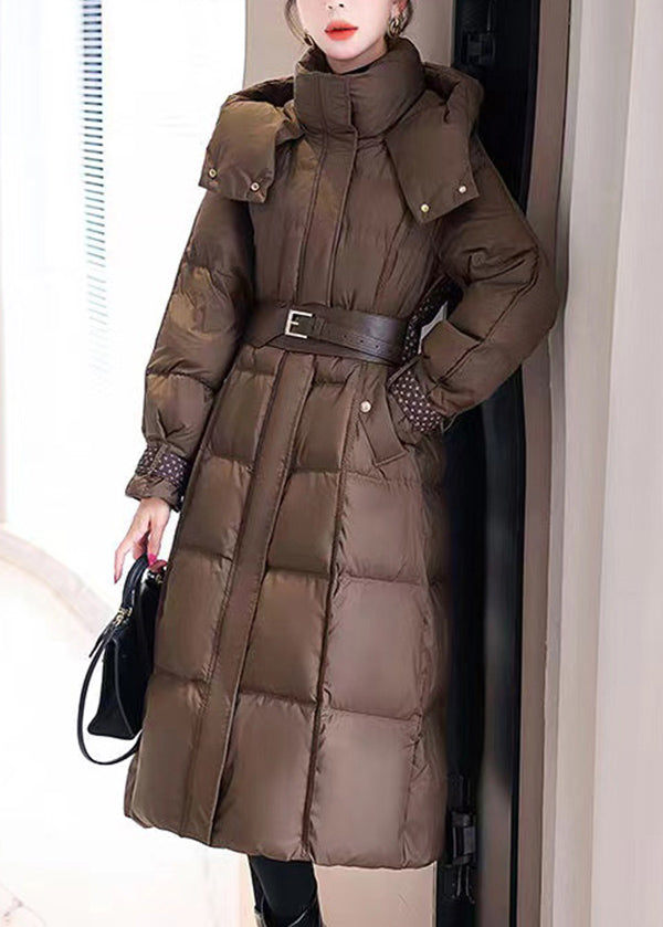 Boutique Coffee Hooded Sashes Duck Down Puffer Coat Winter