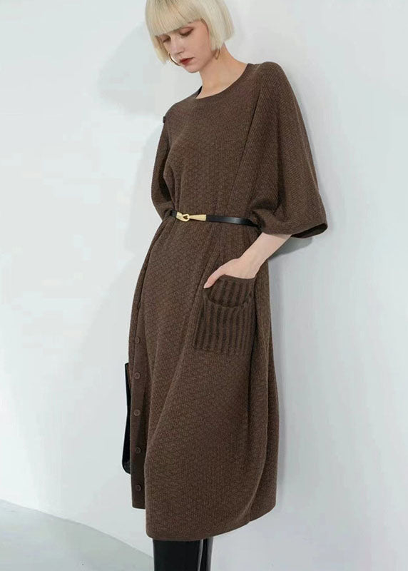 Boutique Chocolate O-neck Patchwork Button Long Wool Knit Dress Bracelet Sleeve