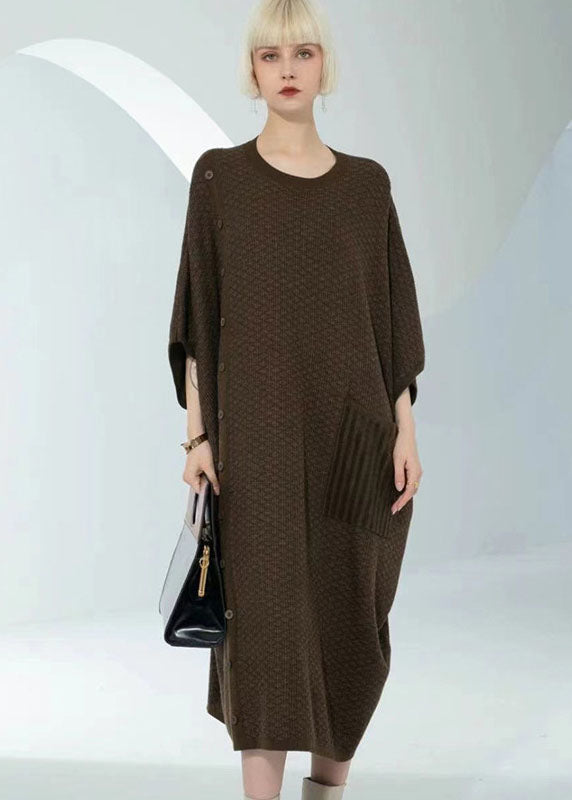Boutique Chocolate O-neck Patchwork Button Long Wool Knit Dress Bracelet Sleeve