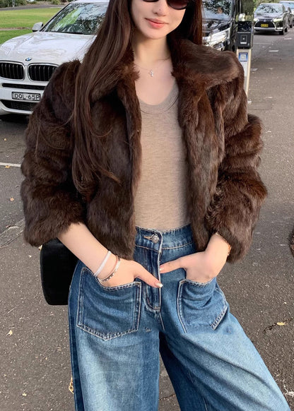 Boutique Coffee Peter Pan Collar Leather and Fur Jackets Spring