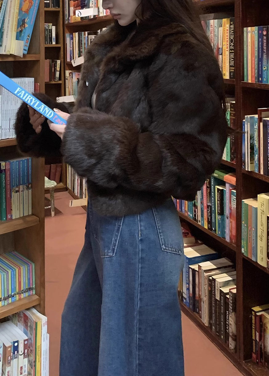Boutique Coffee Peter Pan Collar Leather and Fur Jackets Spring