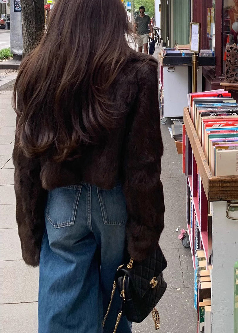Boutique Coffee Peter Pan Collar Leather and Fur Jackets Spring