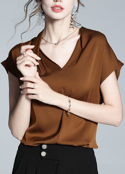 Boutique Coffee V Neck Silk Shirt Short Sleeve