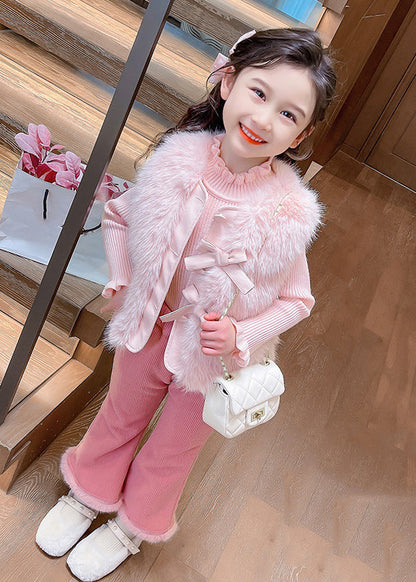 Boutique Coffee Warm Kids Knitted Cotton Waistcoat Sweaters and Flared Trousers Two Pieces Set Winter