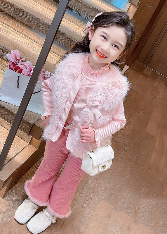 Boutique Coffee Warm Kids Knitted Cotton Waistcoat Sweaters and Flared Trousers Two Pieces Set Winter