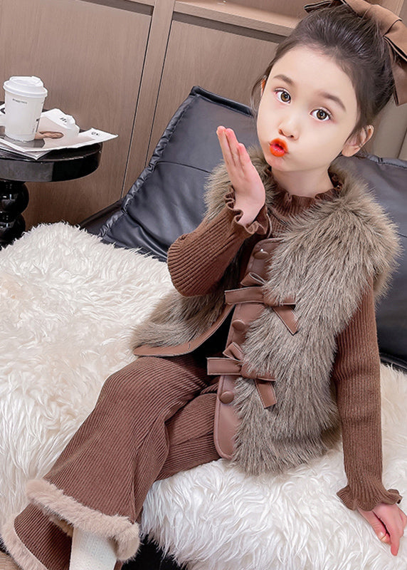 Boutique Coffee Warm Kids Knitted Cotton Waistcoat Sweaters and Flared Trousers Two Pieces Set Winter