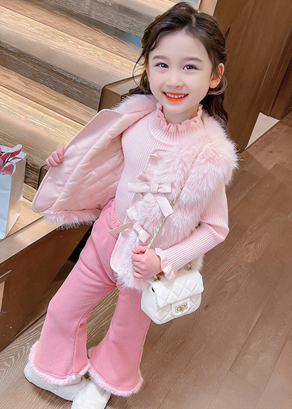 Boutique Coffee Warm Kids Knitted Cotton Waistcoat Sweaters and Flared Trousers Two Pieces Set Winter