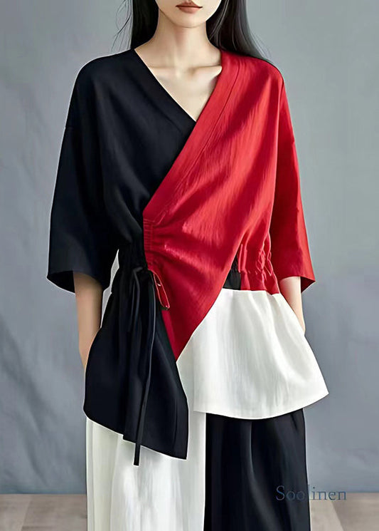 Boutique Colorblock Asymmetrical Patchwork Cinched Linen Tops Summer