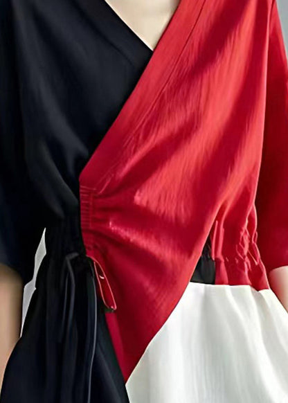 Boutique Colorblock Asymmetrical Patchwork Cinched Linen Tops Summer