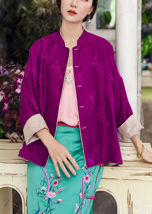 Boutique Colorblock Button Stand Collar Wear on Both Sides Print Silk Coats Spring