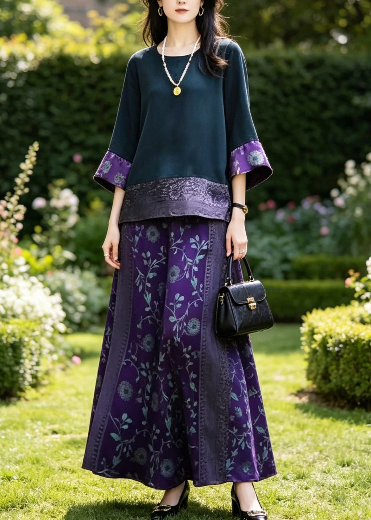 Boutique Dark Blue O-neck Patchwork Silk T Shirts and Wide Leg Pants Two Piece Set Summer