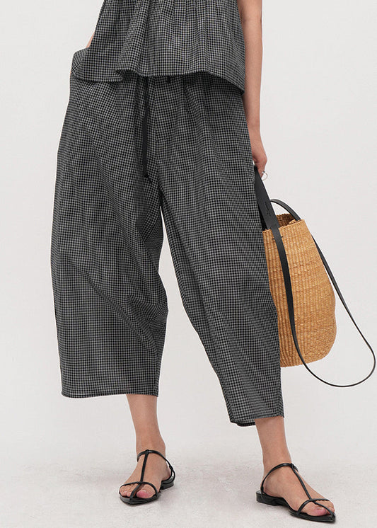 Boutique Dark Grey Oversized Plaid Cotton Harem Pants Summer
