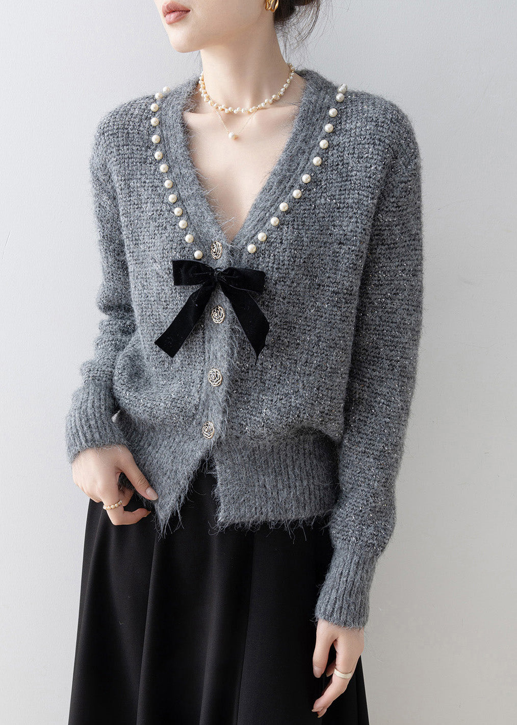Boutique Dark Grey V Neck Nail Bead Knit Cardigan Spring