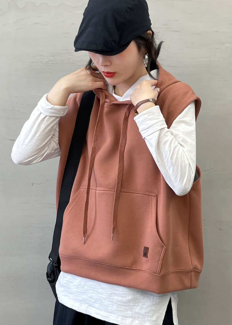 Boutique Dark Pink Hooded Cotton Sweatshirts Vest Sleeveless