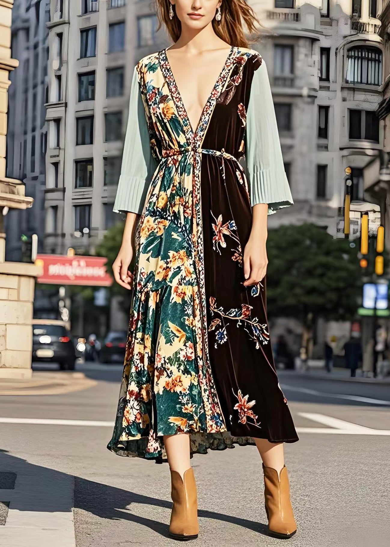 Boutique Deep-v Neck Patchwork Silk Velvet Holiday Dresses Bracelet Sleeve