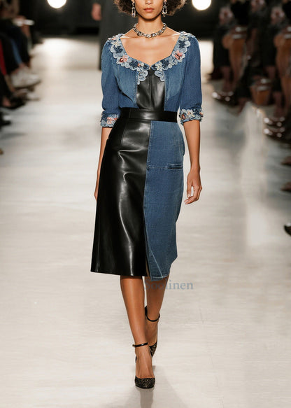 Boutique Denim Blue Asymmetrical Patchwork Faux Leather Flower Decorated Dress Summer