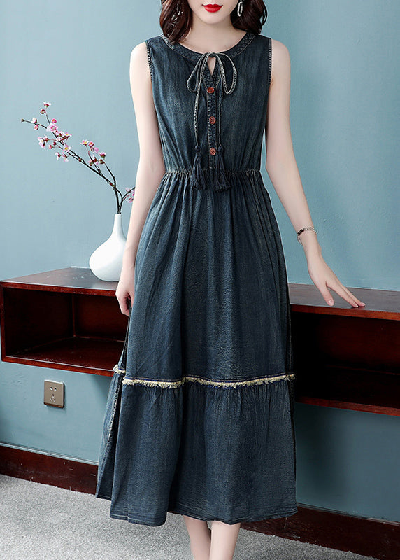 Boutique Denim Blue O-neck Lace Up Button Cotton Cinch Dresses Sleeveless