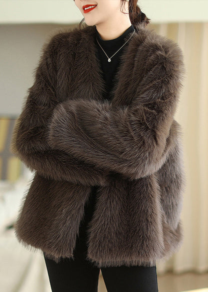 Boutique Coffee V Neck Faux Fur Coats Winter