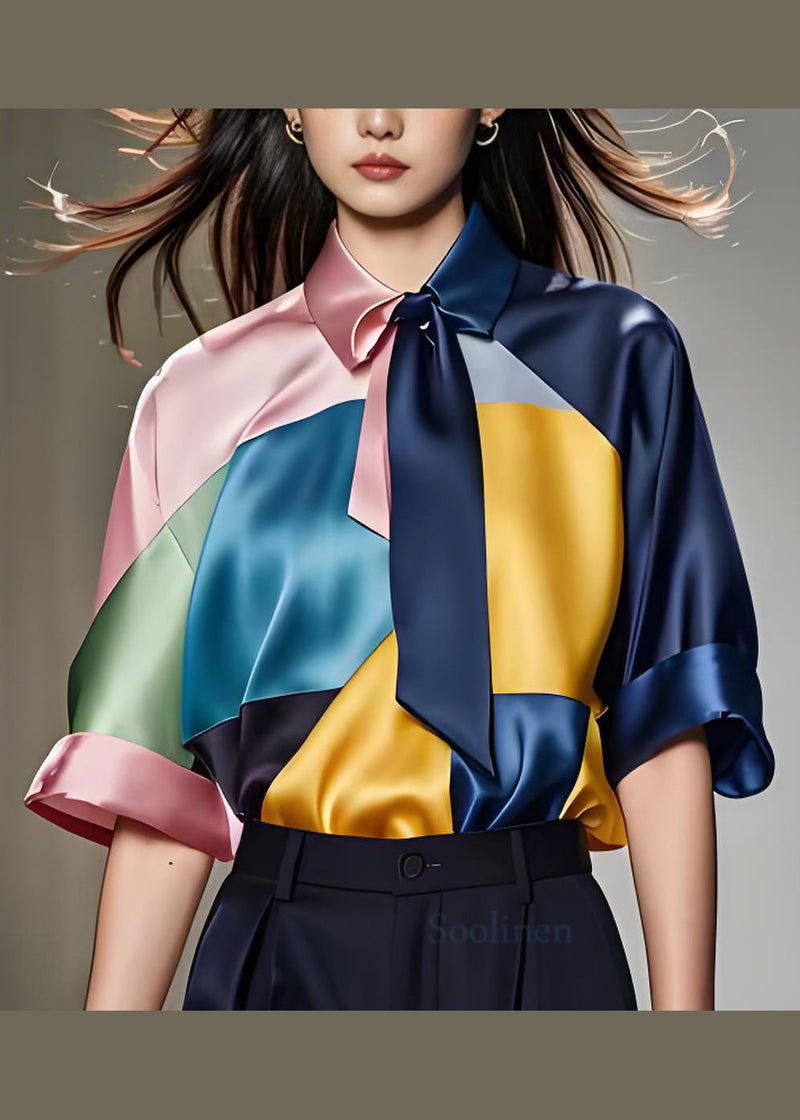 Boutique Colorblock Patchwork Silk Top Summer