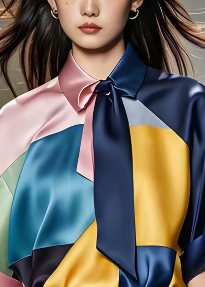 Boutique Colorblock Patchwork Silk Top Summer