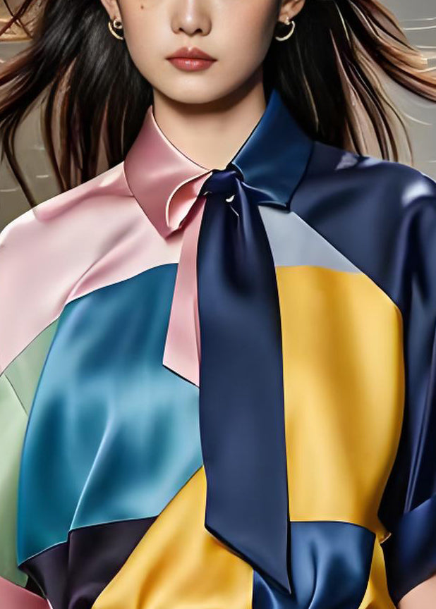Boutique Colorblock Patchwork Silk Top Summer