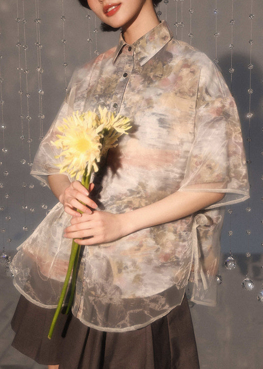 Boutique Peter Pan Collar Lace Up Patchwork Organza Shirt Summer
