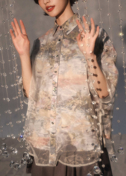 Boutique Peter Pan Collar Lace Up Patchwork Organza Shirt Summer