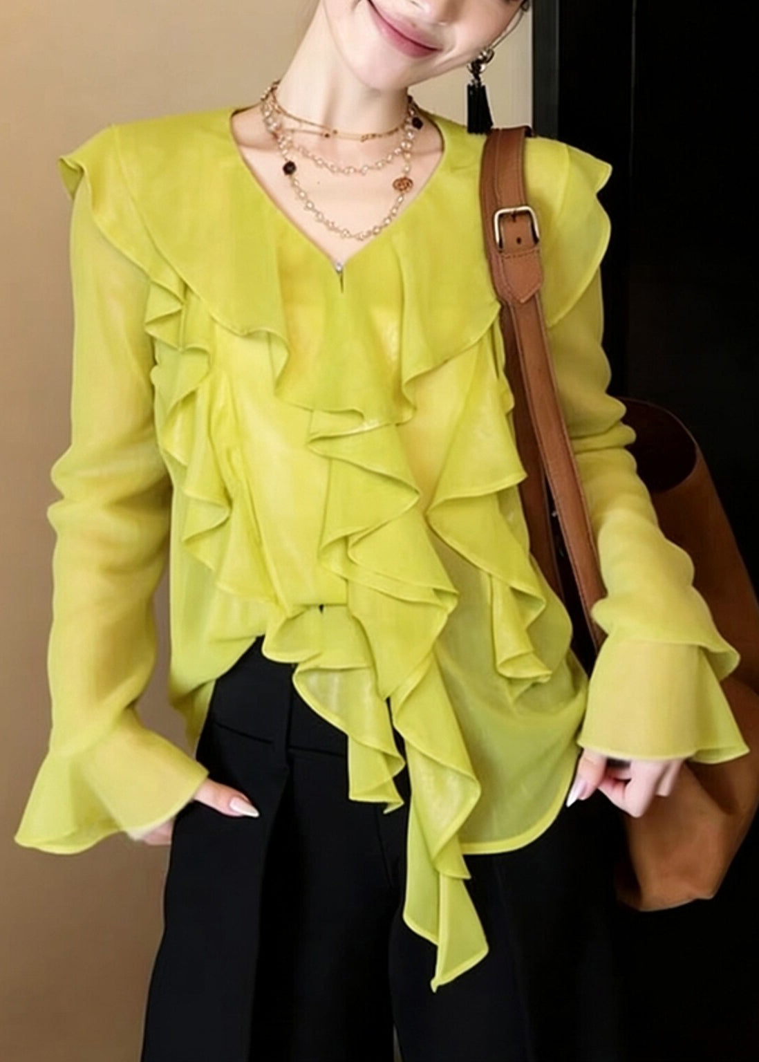 Boutique Fluorescent Green Ruffled Chiffon Top Flare Sleeve