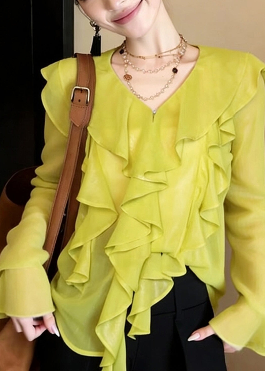 Boutique Fluorescent Green Ruffled Chiffon Top Flare Sleeve