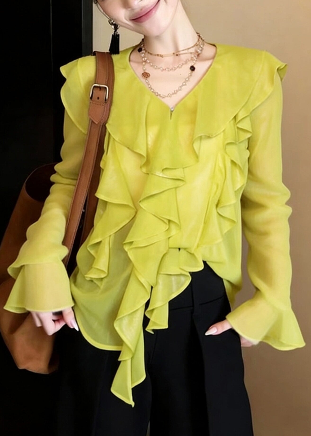 Boutique Fluorescent Green Ruffled Chiffon Top Flare Sleeve