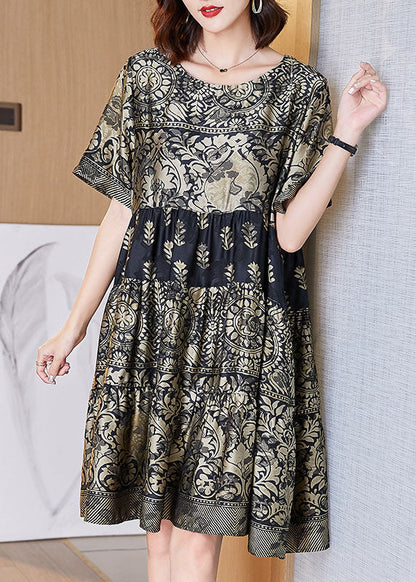 Boutique Gold O-neck Print Wrinkled Patchwork Silk Dresses Summer