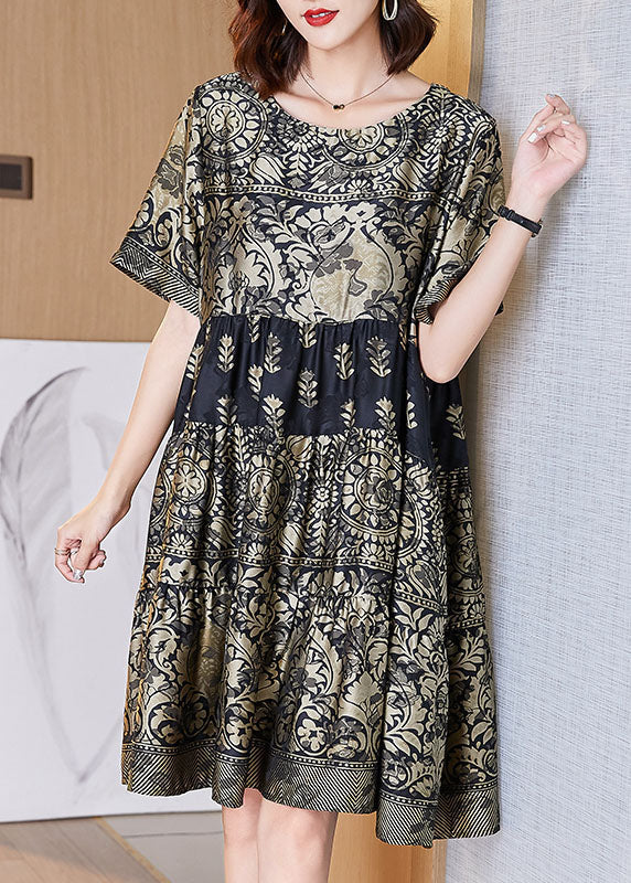 Boutique Gold O-neck Print Wrinkled Patchwork Silk Dresses Summer