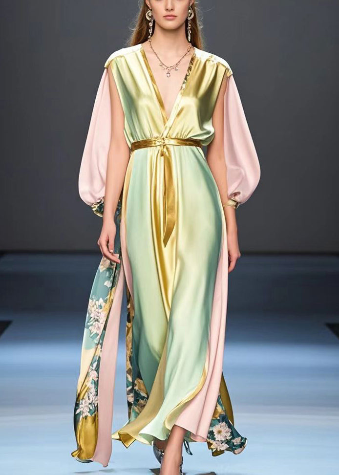 Boutique Gradient Color Cinched Patchwork Silk Long Dress Spring