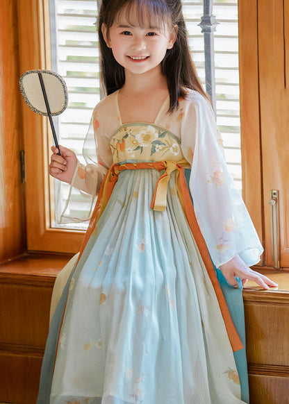 Boutique Gradient Color Embroideried Wrinkled Chiffon Kids Long Dresses Summer