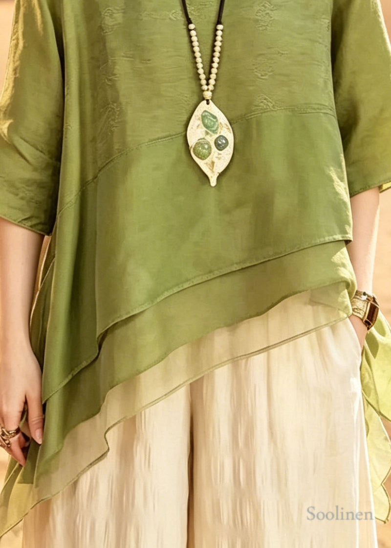 Boutique Green Asymmetrical Patchwork Tulle Top Summer
