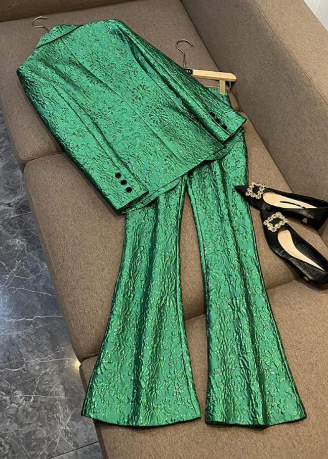 Boutique Green Coat and Pants Cotton Two Piece Set Outfits Spring