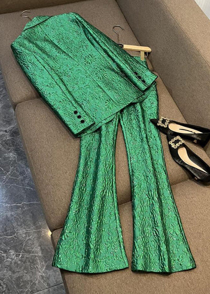 Boutique Green Coat and Pants Cotton Two Piece Set Outfits Spring
