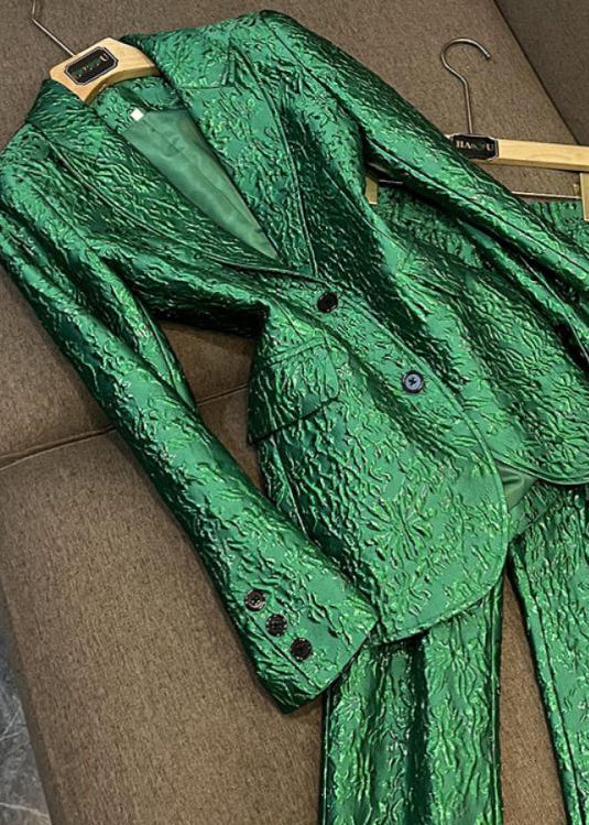 Boutique Green Coat and Pants Cotton Two Piece Set Outfits Spring