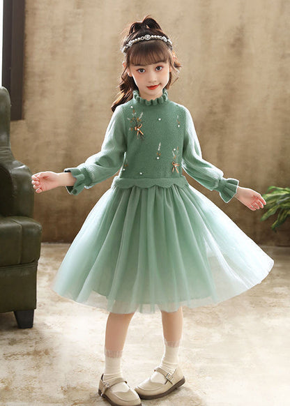 Boutique Green Embroideried Patchwork Tulle Baby Dress Fall